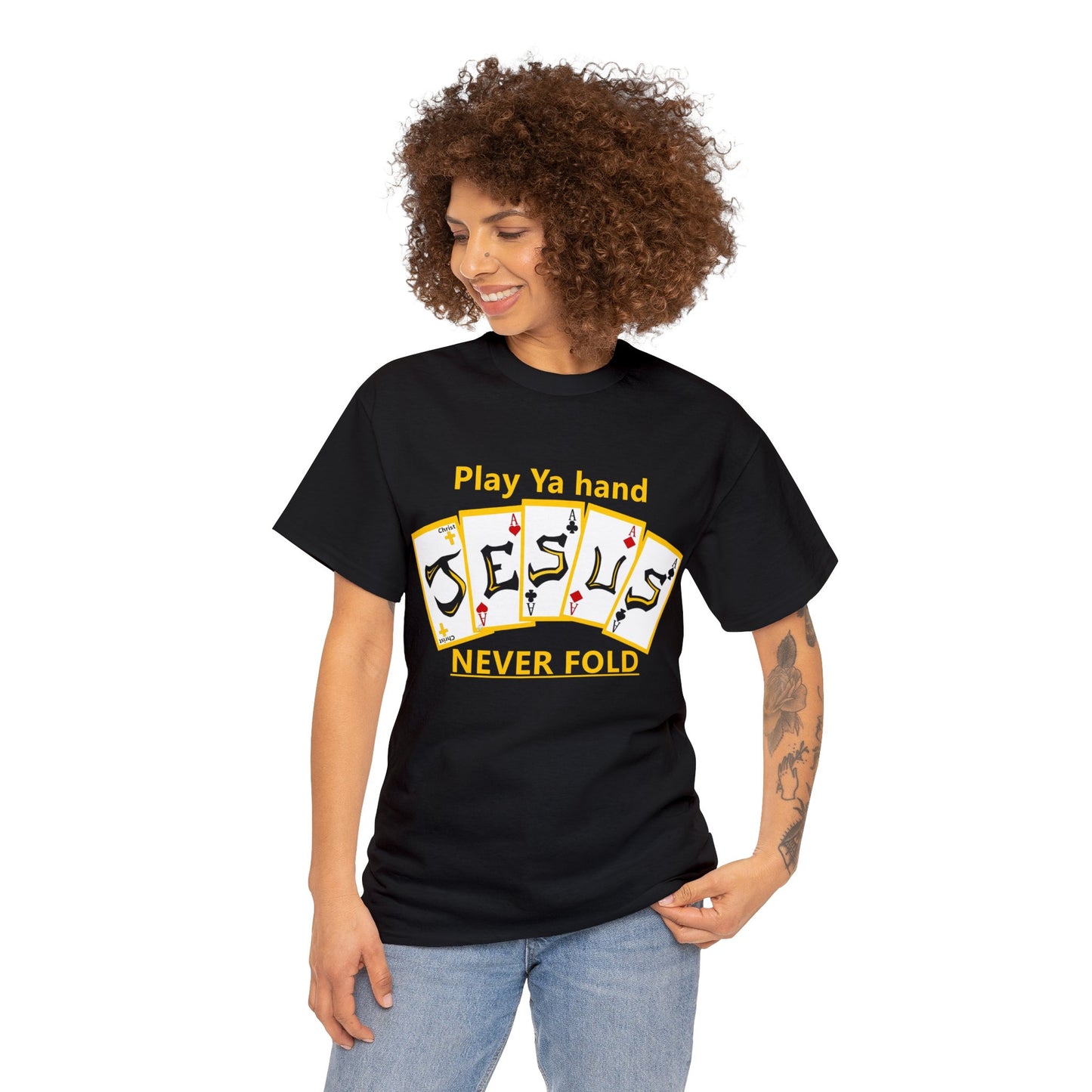 Jesus Hand (NEVER FOLD) Blk Wht Gld T-shirt By The M.O.G