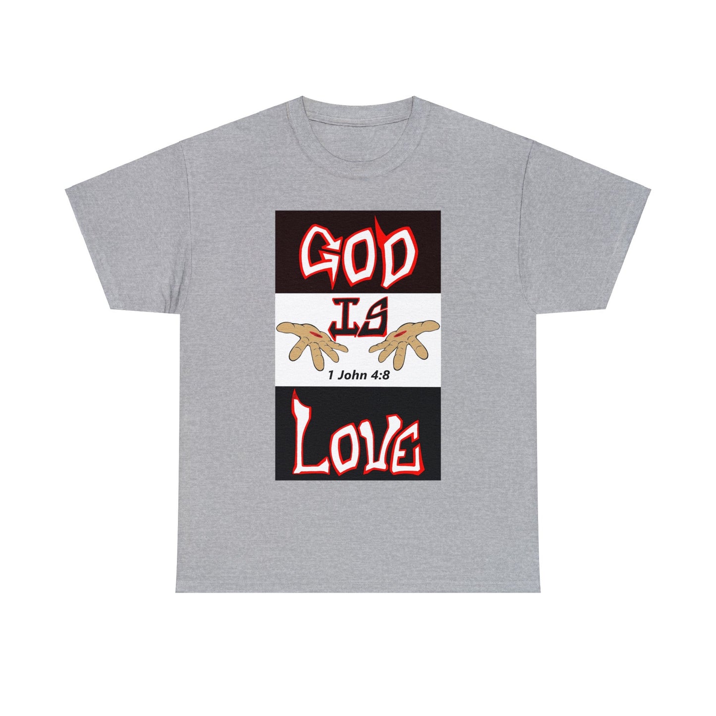 God is Love (RedBlk) multi-color t-shirt By The M.O.G (small print)