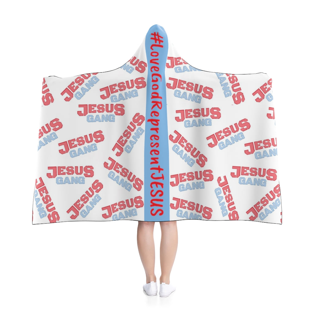 Love God Represent JESUS. Jesus Gang Army of the lord Hooded Fleece Blanket Wht/ b.Blu